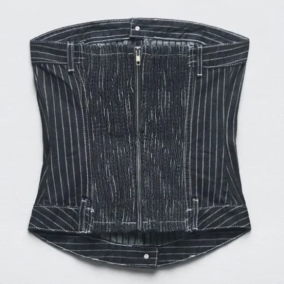 ZARA NEW WOMAN OFF-SHOULDER TRF DENIM TOP WITH STRIPES MEDIUM 5252/009/133/15 - Picture 8 of 9